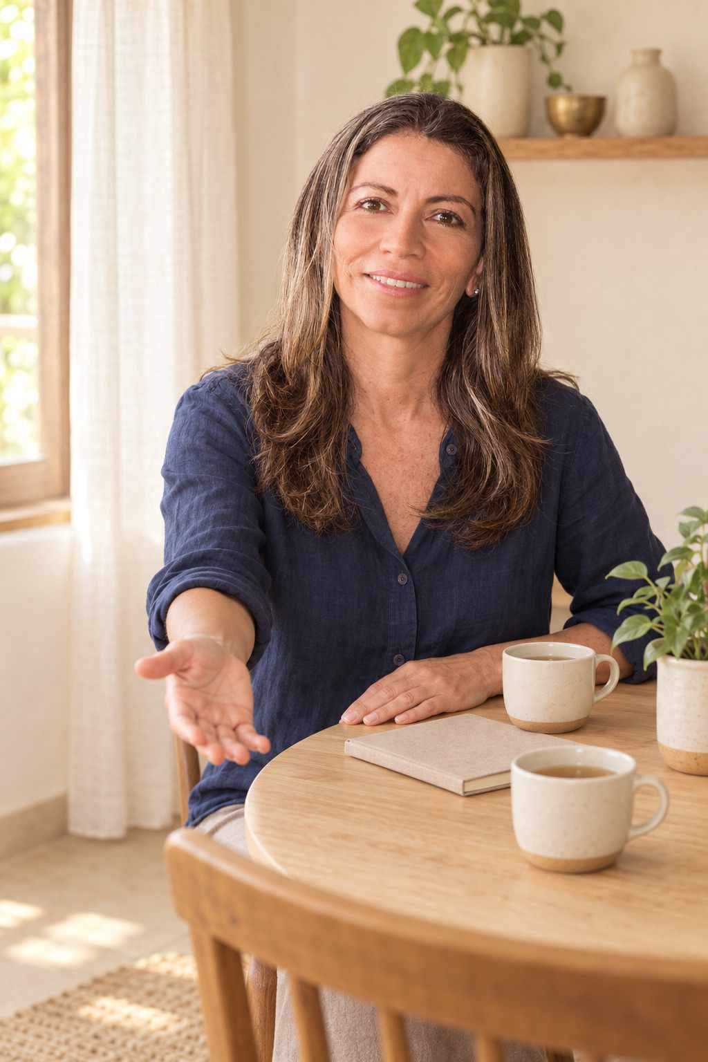 Fanny Barquero en una mesa pequeña con dos tazas de té, extiende la mano para darte la bienvenida