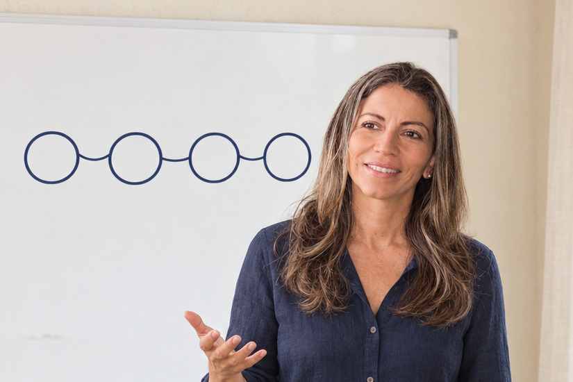 Fanny Barquero teaching at a whiteboard with a simple four-step path, explaining with an open hand