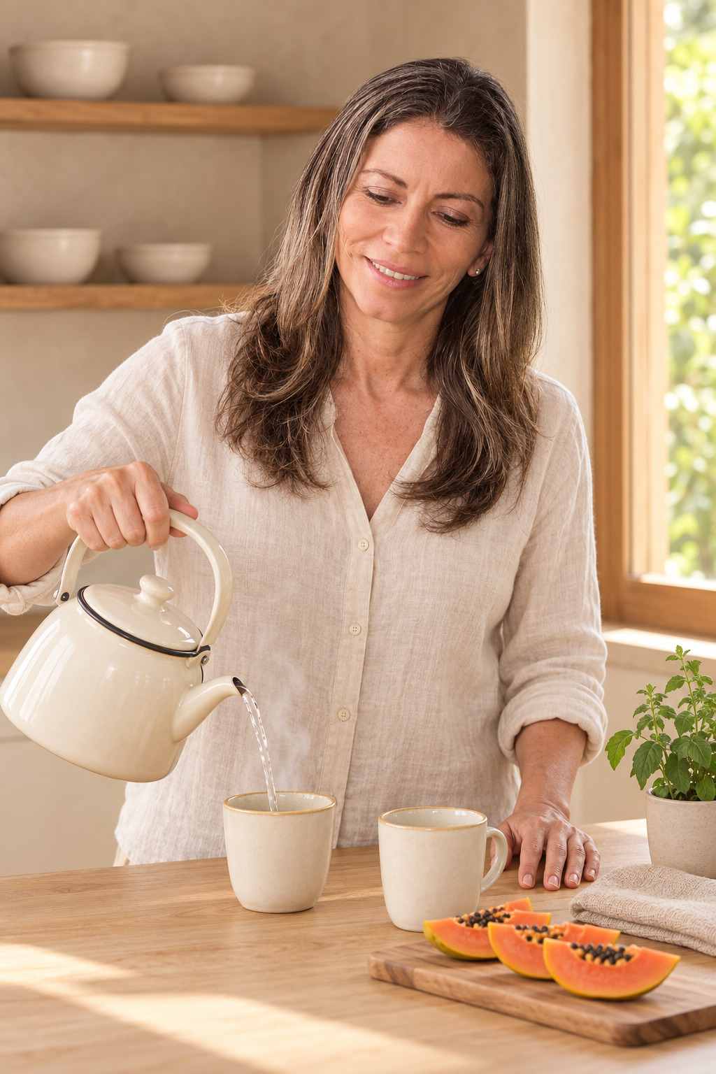 Fanny Barquero pouring tea in her kitchen in the morning