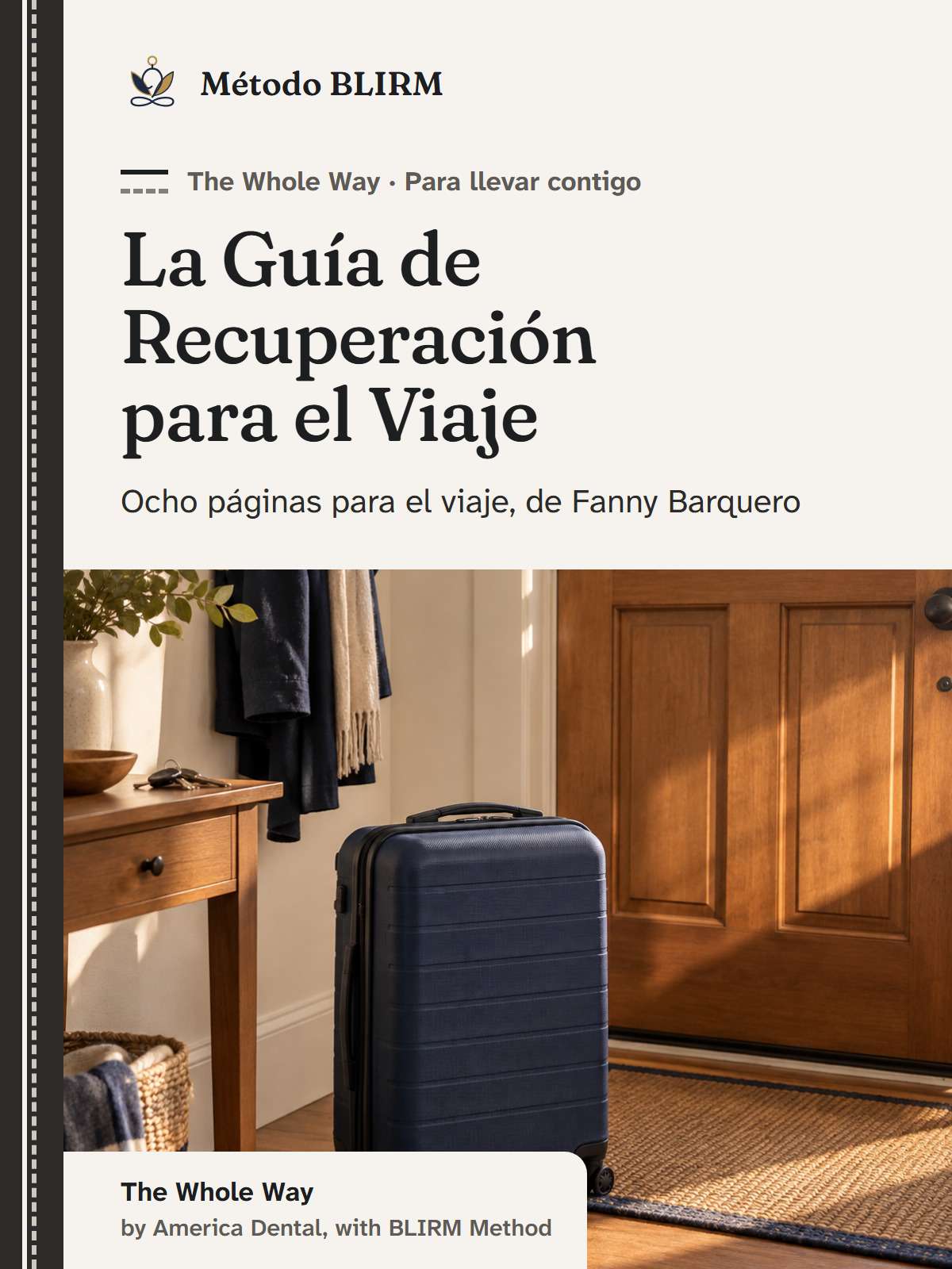 La portada de la Guía de Recuperación para el Viaje, con una maleta de mano junto a la puerta.