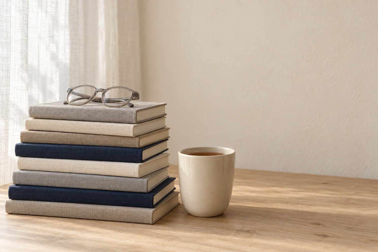 A stack of closed notebooks with reading glasses on top, by a window