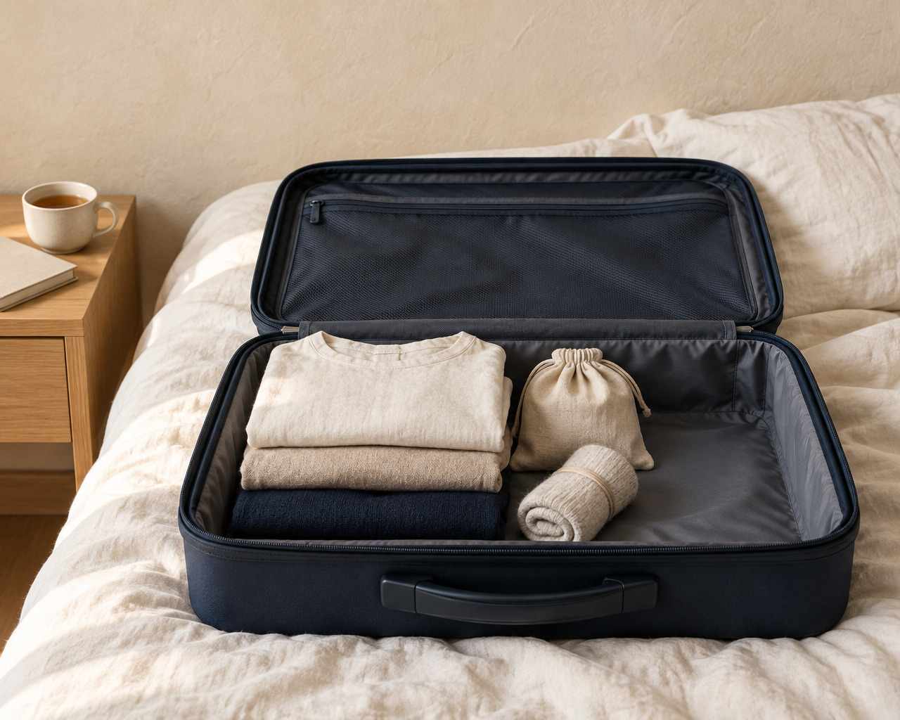 An open carry-on on a bed, packed with a few soft layers, next to a cup of tea