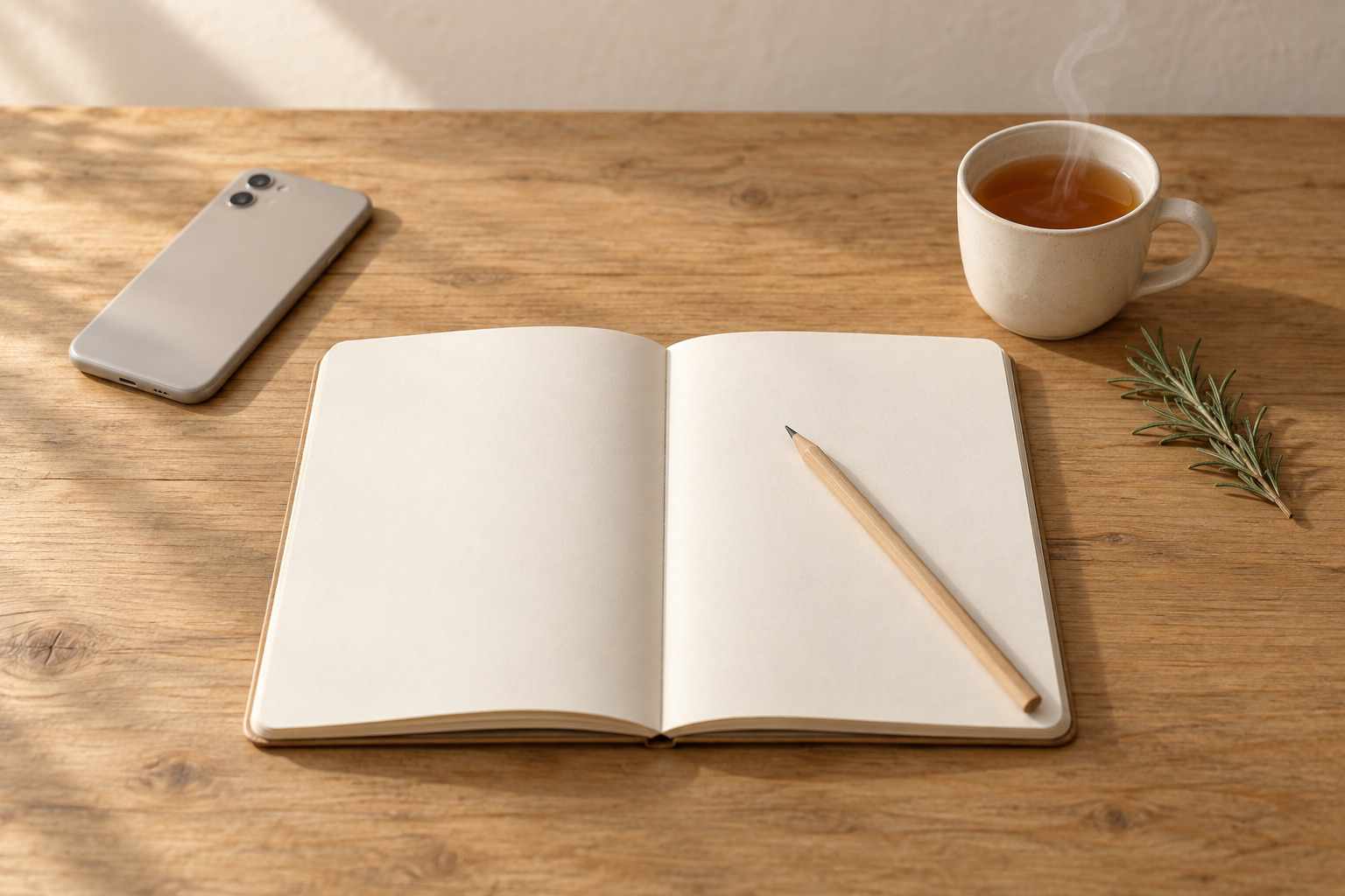 A blank notebook open on a wooden table next to a cup of tea