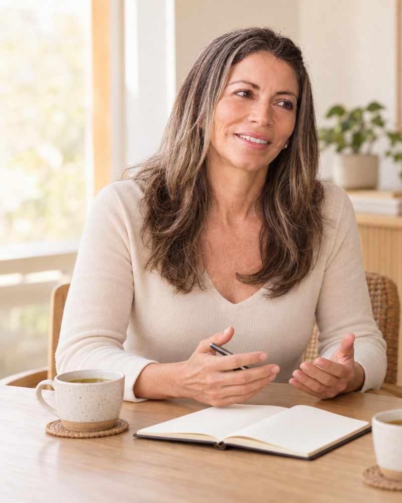 Fanny Barquero at the session table, explaining a plan with an open notebook and two cups of tea